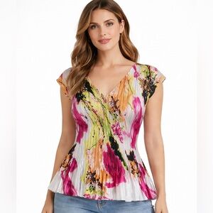 Dressbarn Pleated Floral Blouse Multicolor Cap Sleeve Size XL (Runs Small (S/M))